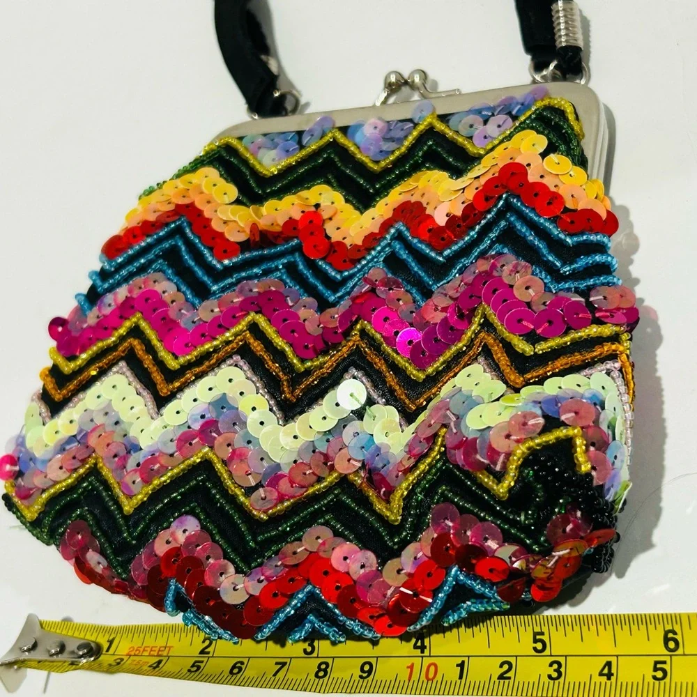 Vintage Rainbow Whimsical Beaded Sequin Crossbody Clutch Kiss Lock Purse